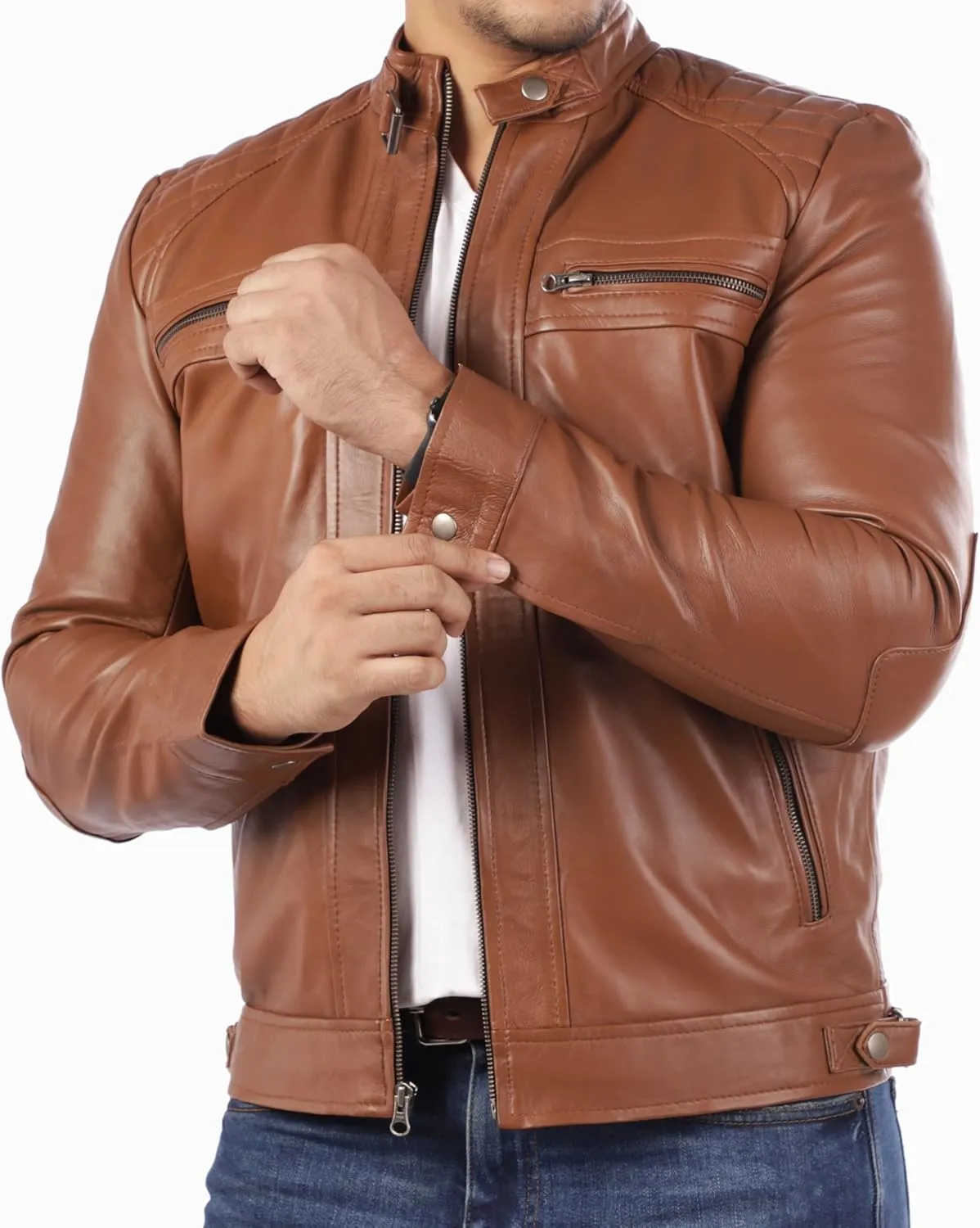 Jild Signature Diamond Style Lambskin Leather Jacket Men - Premium Leather Caf Racer Vintage Look Motorcycle Jacket Men