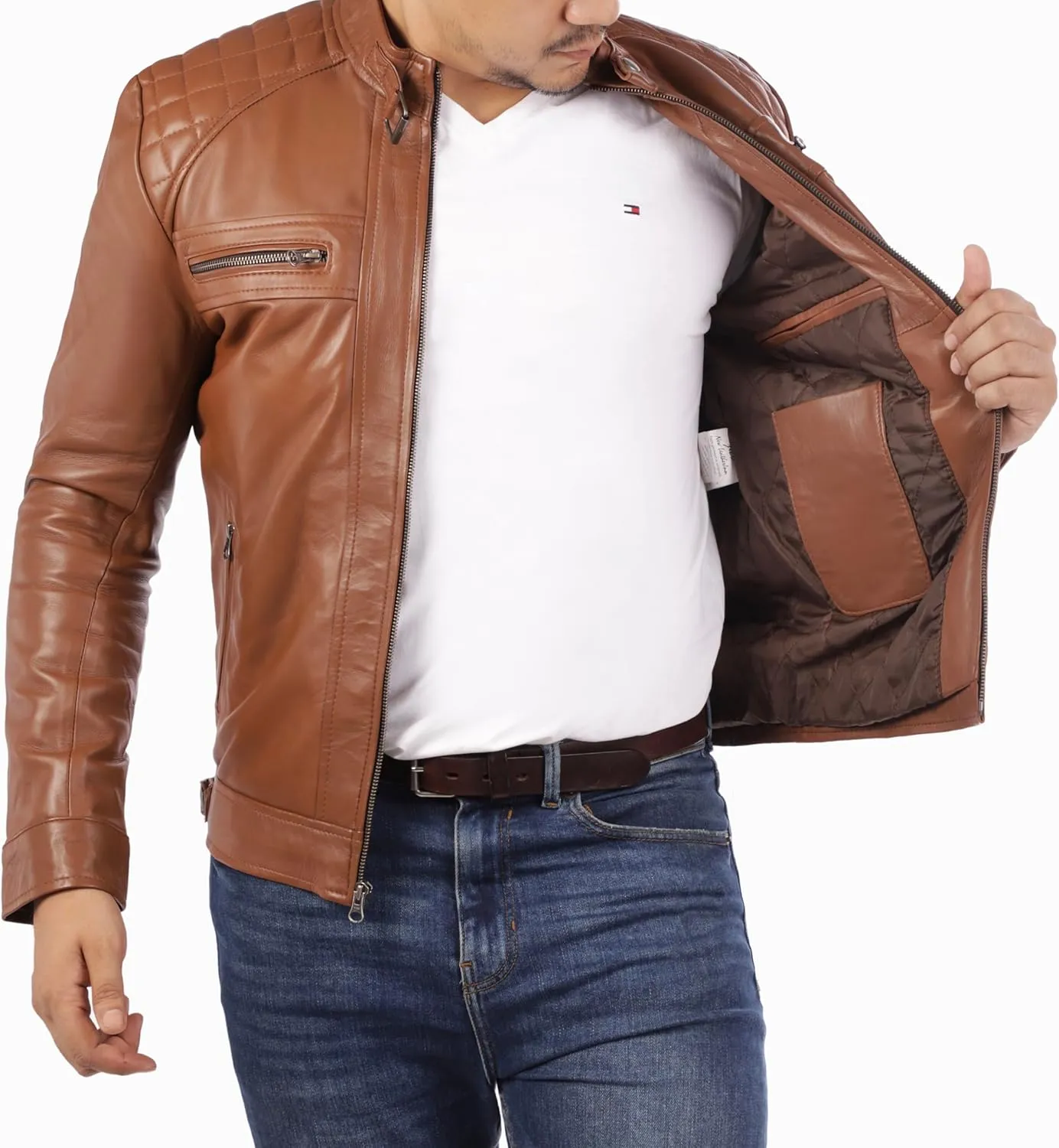 Jild Signature Diamond Style Lambskin Leather Jacket Men - Premium Leather Caf Racer Vintage Look Motorcycle Jacket Men