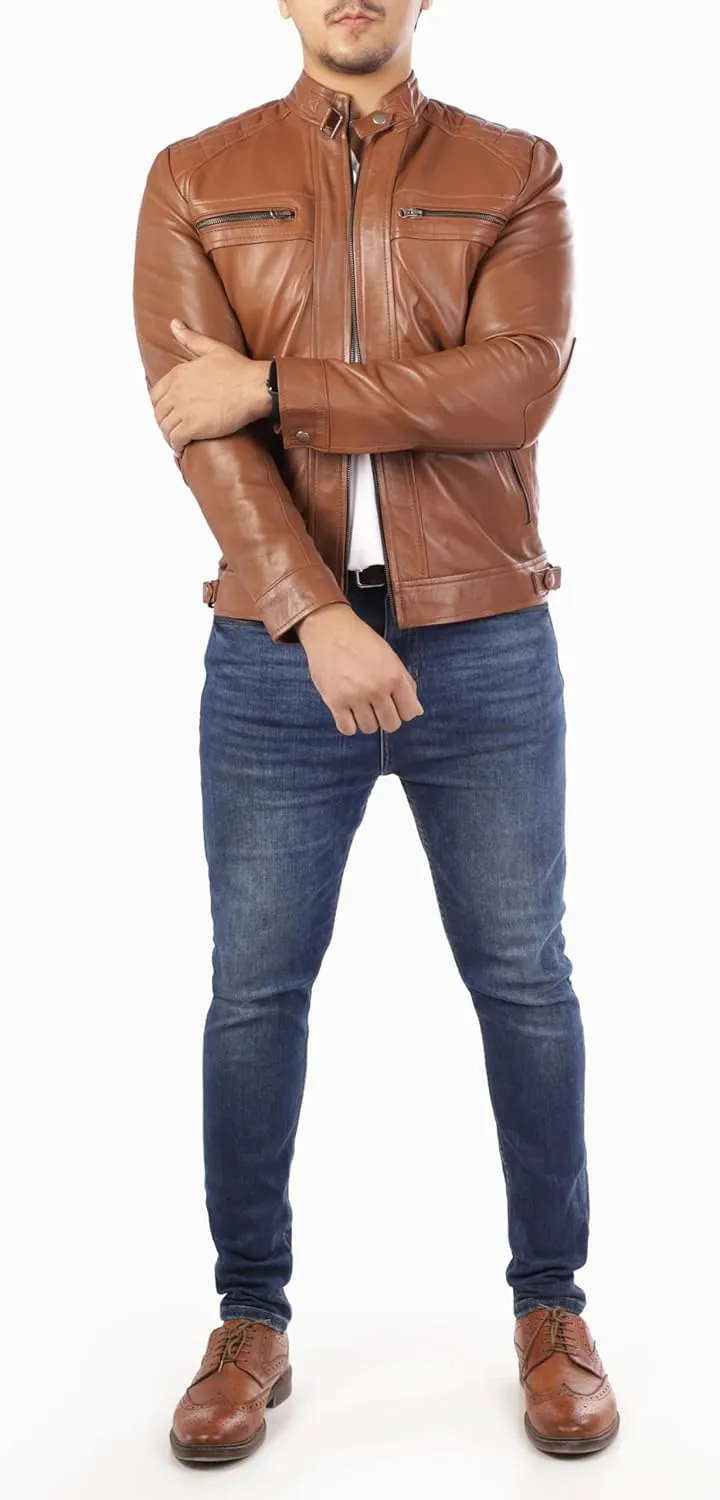 Jild Signature Diamond Style Lambskin Leather Jacket Men - Premium Leather Caf Racer Vintage Look Motorcycle Jacket Men
