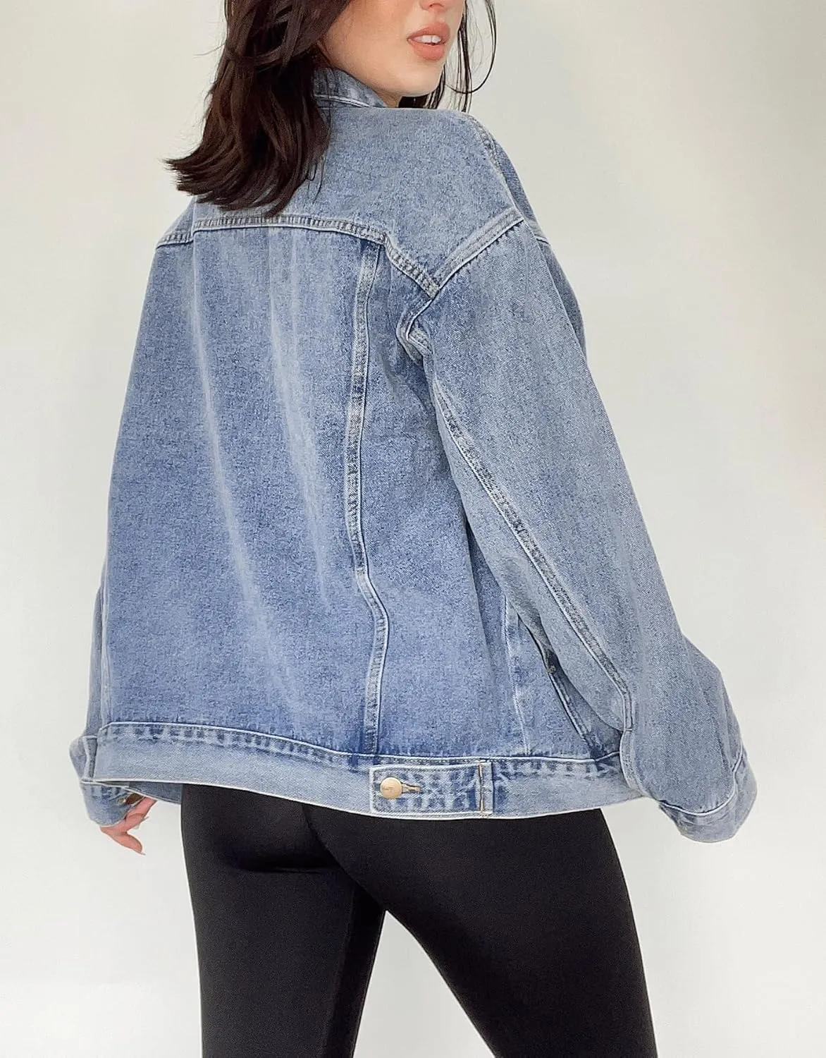 Kedera Women's Oversized Jean Jacket Long Blue Denim Jacket Long Sleeve Button Down Trucker Jacket Shacket Fall Coats