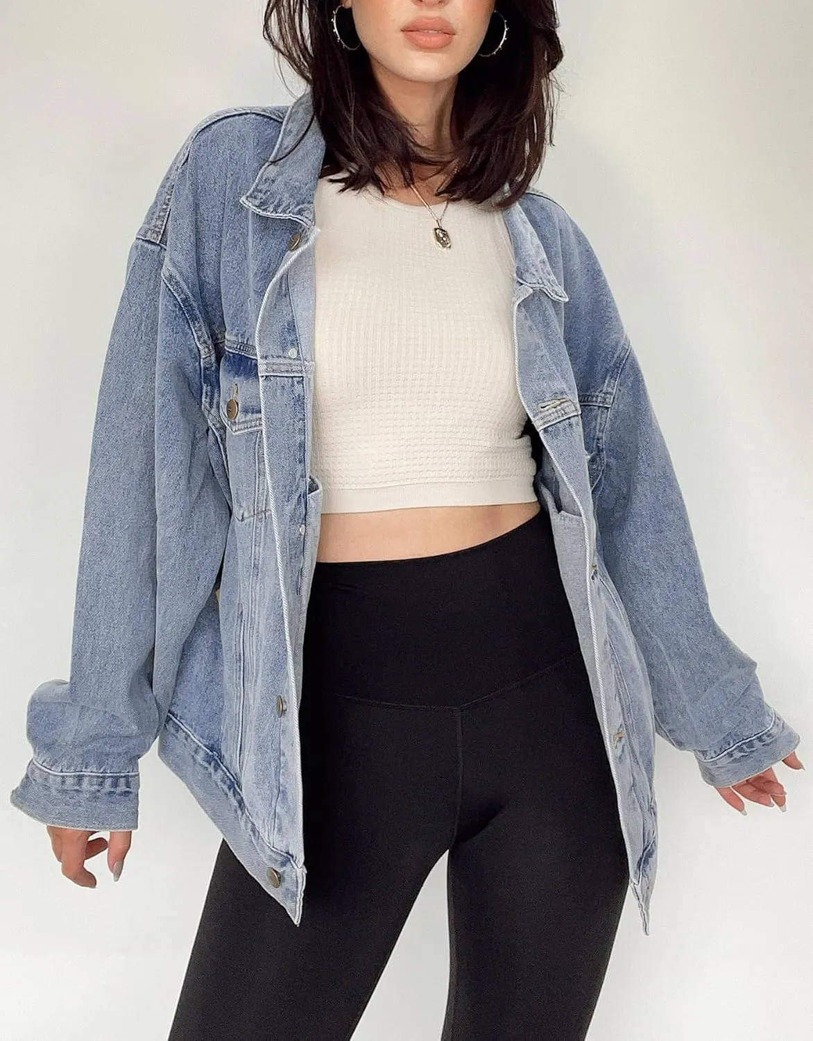 Kedera Women's Oversized Jean Jacket Long Blue Denim Jacket Long Sleeve Button Down Trucker Jacket Shacket Fall Coats