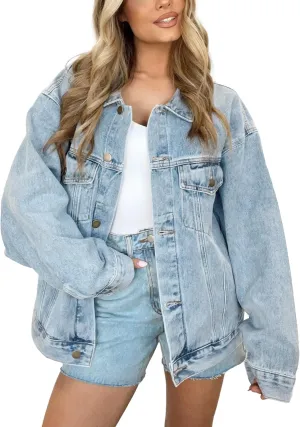 Kedera Women's Oversized Jean Jacket Long Blue Denim Jacket Long Sleeve Button Down Trucker Jacket Shacket Fall Coats