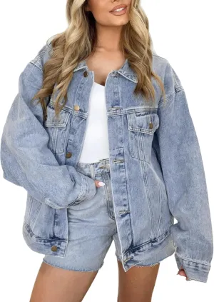 Kedera Women's Oversized Jean Jacket Long Blue Denim Jacket Long Sleeve Button Down Trucker Jacket Shacket Fall Coats