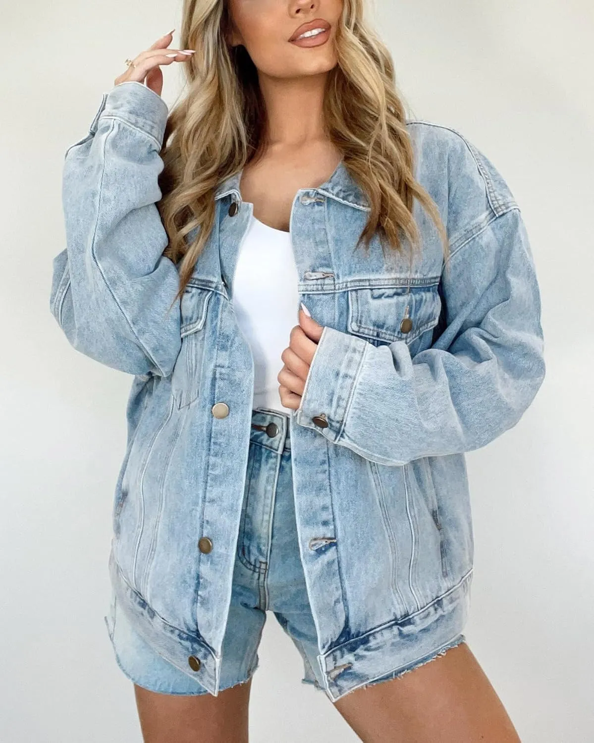 Kedera Women's Oversized Jean Jacket Long Blue Denim Jacket Long Sleeve Button Down Trucker Jacket Shacket Fall Coats