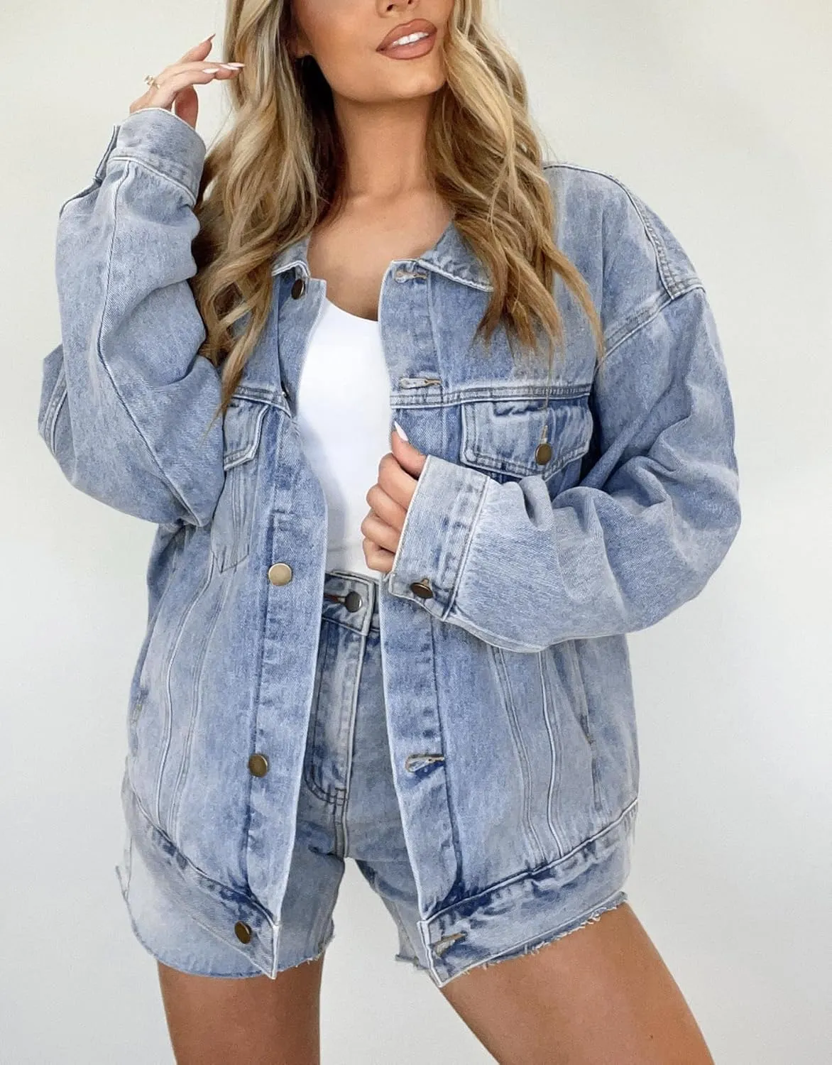 Kedera Women's Oversized Jean Jacket Long Blue Denim Jacket Long Sleeve Button Down Trucker Jacket Shacket Fall Coats