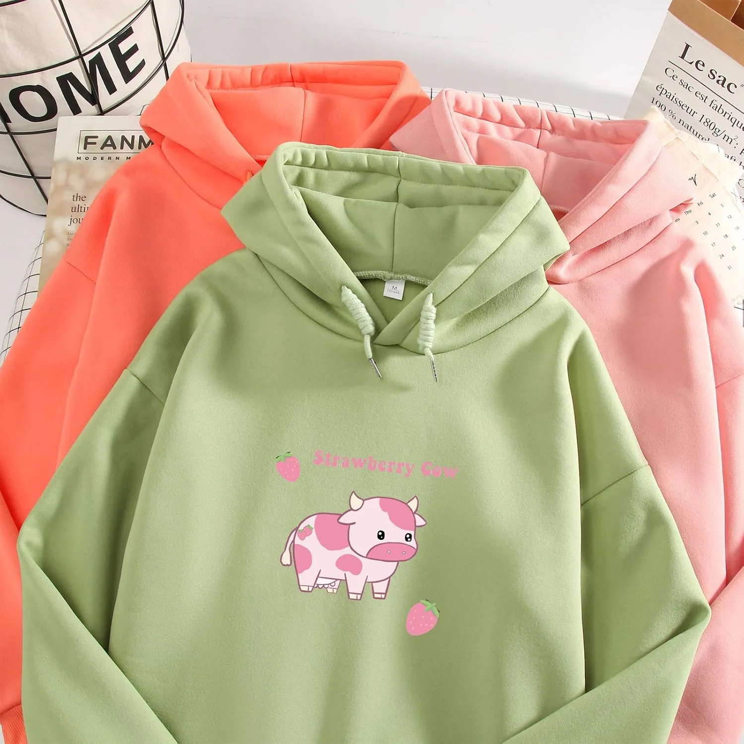 KEEVICI Pullover Sweatshirts for Women Cute Strawberry Cow Print Hoodie Casual Fuzzy Top
