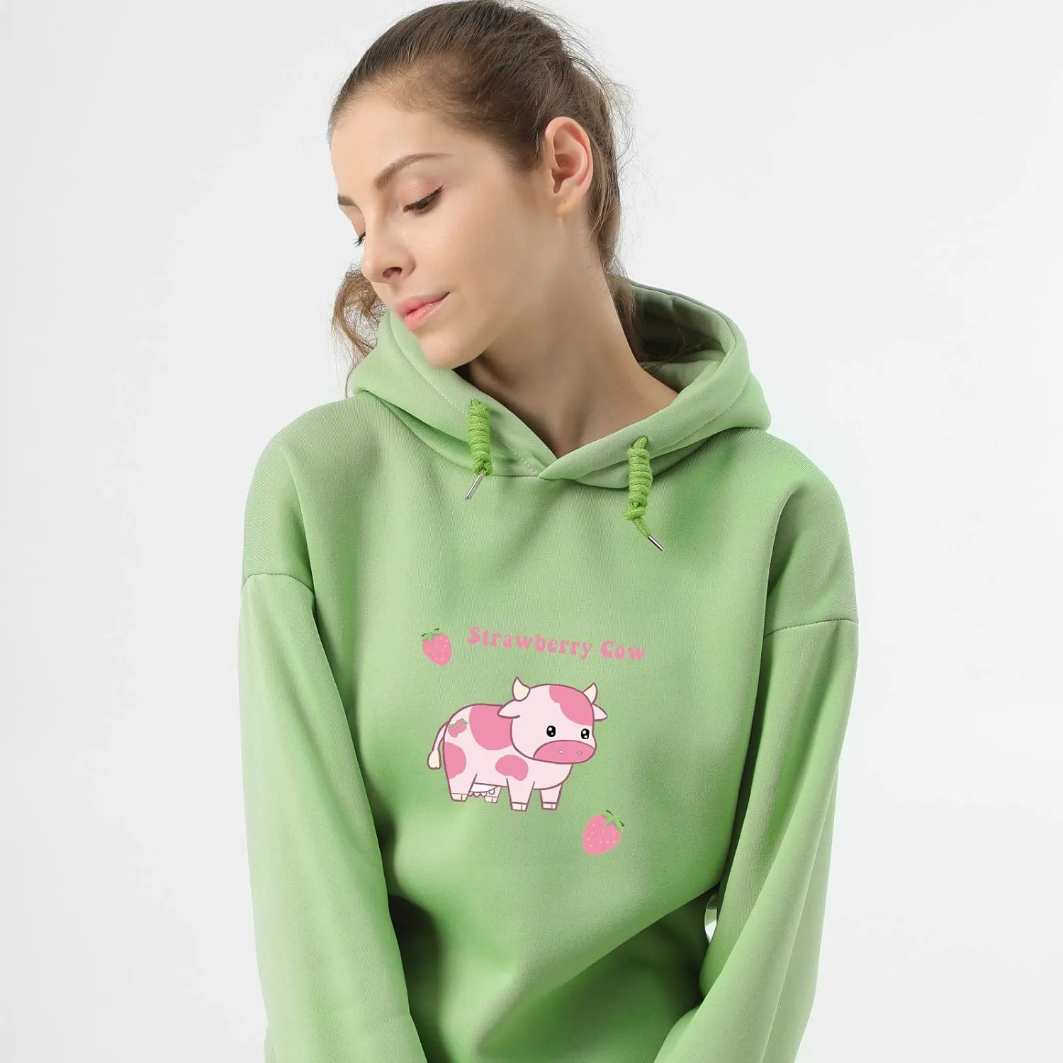 KEEVICI Pullover Sweatshirts for Women Cute Strawberry Cow Print Hoodie Casual Fuzzy Top