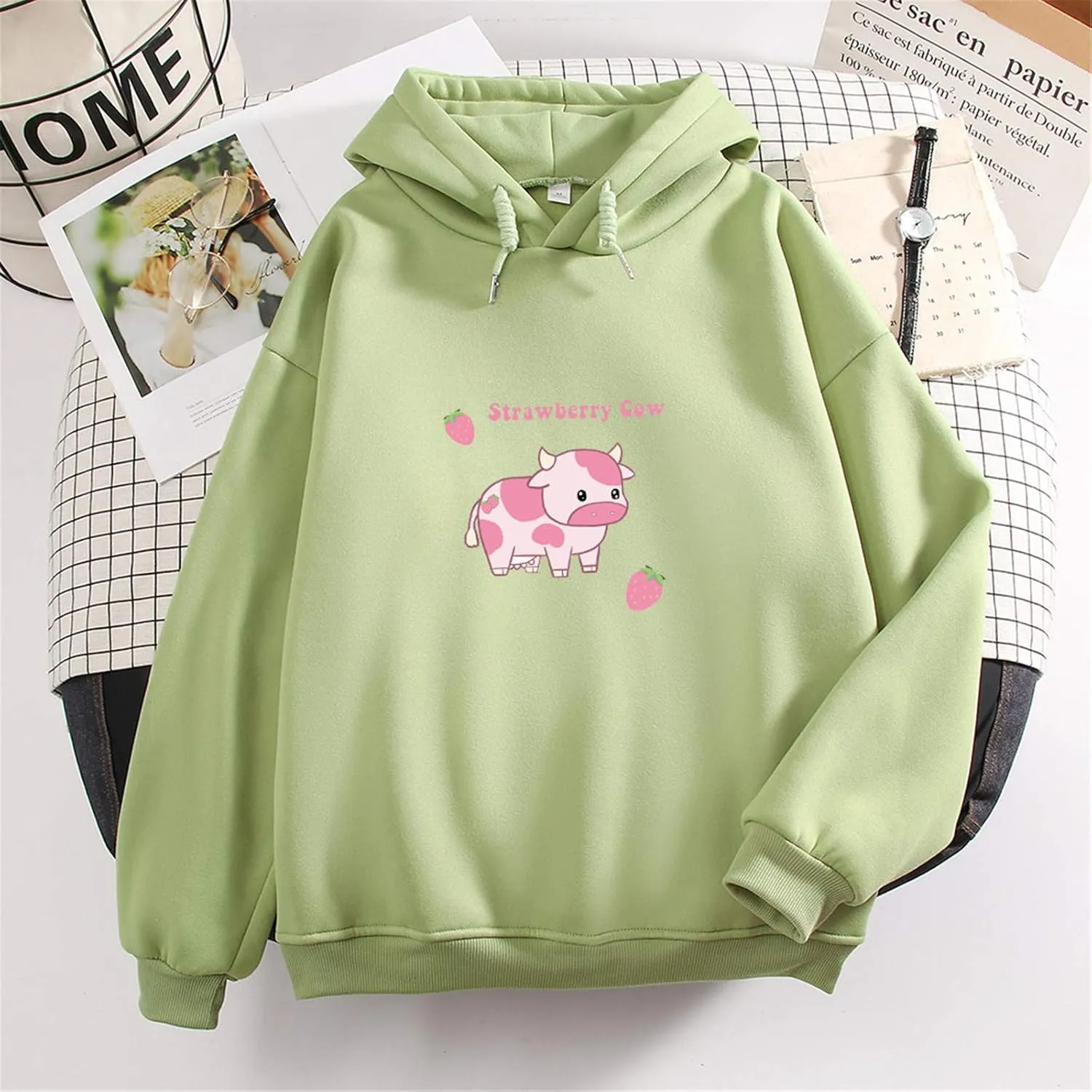 KEEVICI Pullover Sweatshirts for Women Cute Strawberry Cow Print Hoodie Casual Fuzzy Top