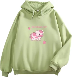 KEEVICI Pullover Sweatshirts for Women Cute Strawberry Cow Print Hoodie Casual Fuzzy Top
