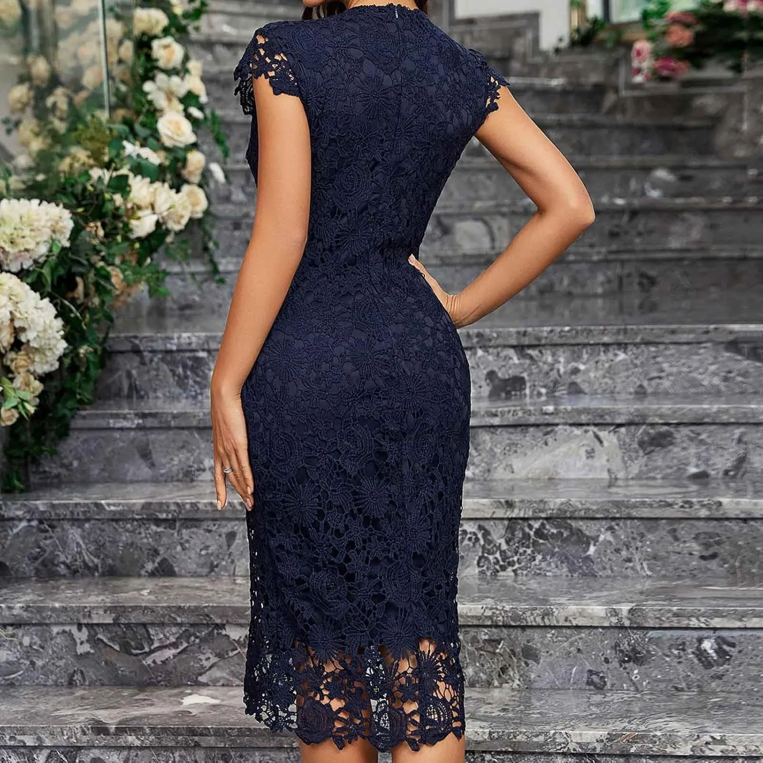 Lace Floral Midi Dress for Women Round Neck Cap Sleeve Dresses Elegant Layered Ruffle Evening Cocktail Mini Dress