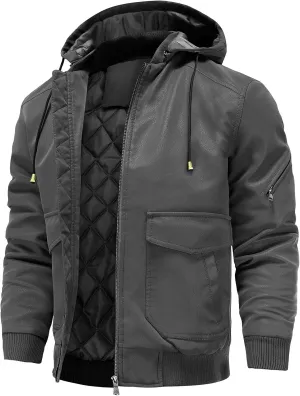 Leather Jackets for Men,Stand Collar Zip Up Motorcycle Biker Bomber Jacket With Removable Hood
