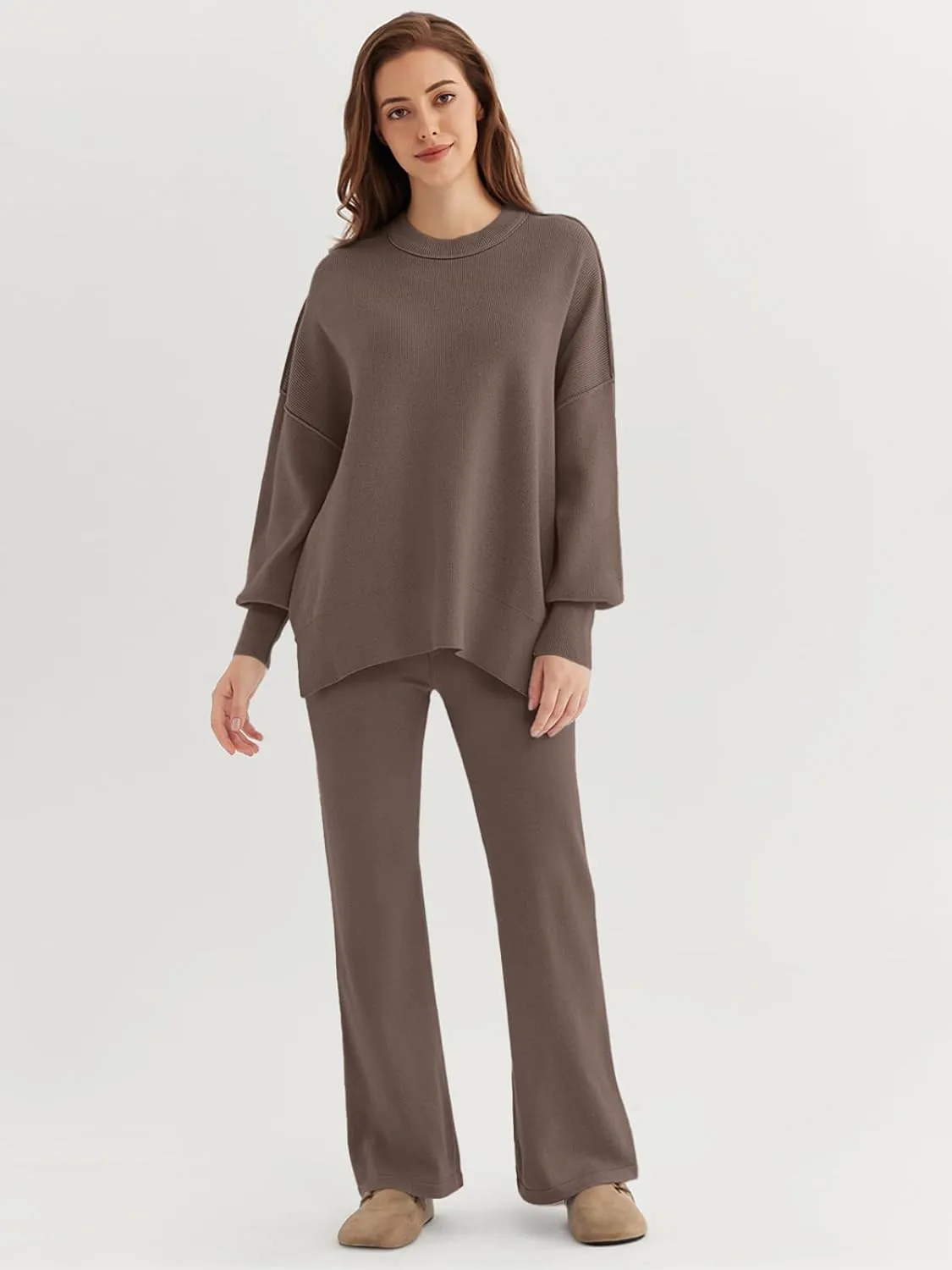 LILLUSORY Women 2 Piece Outfits Sweatsuit Oversized Knit Pullover Sweater Tops Wide Leg Pants Lounge Set