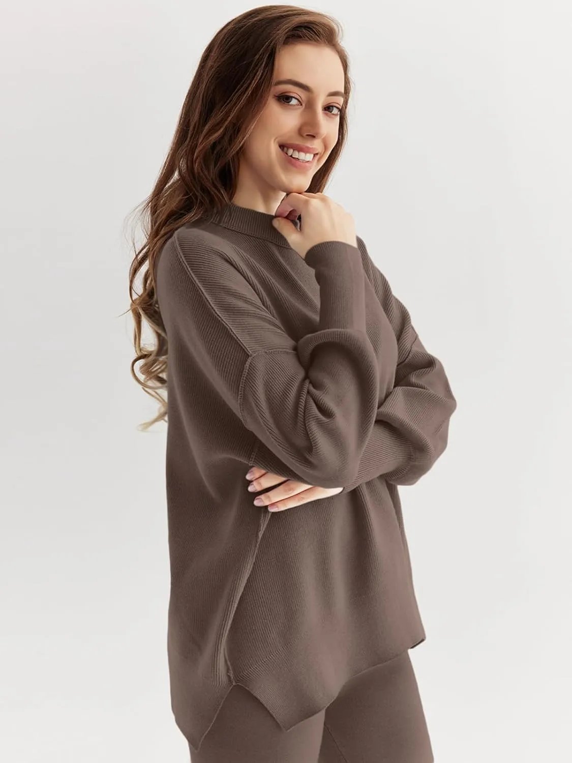LILLUSORY Women 2 Piece Outfits Sweatsuit Oversized Knit Pullover Sweater Tops Wide Leg Pants Lounge Set