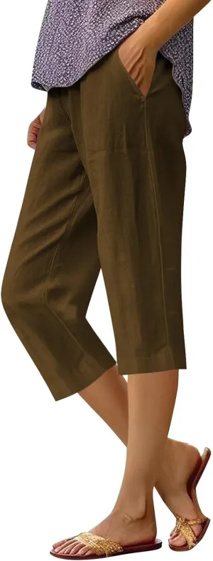 Linen Capri Pants for Women Cotton Linen Pants Casual 2025 Comfy Trendy Elastic Waist Trouser Beach Vacation Clothes
