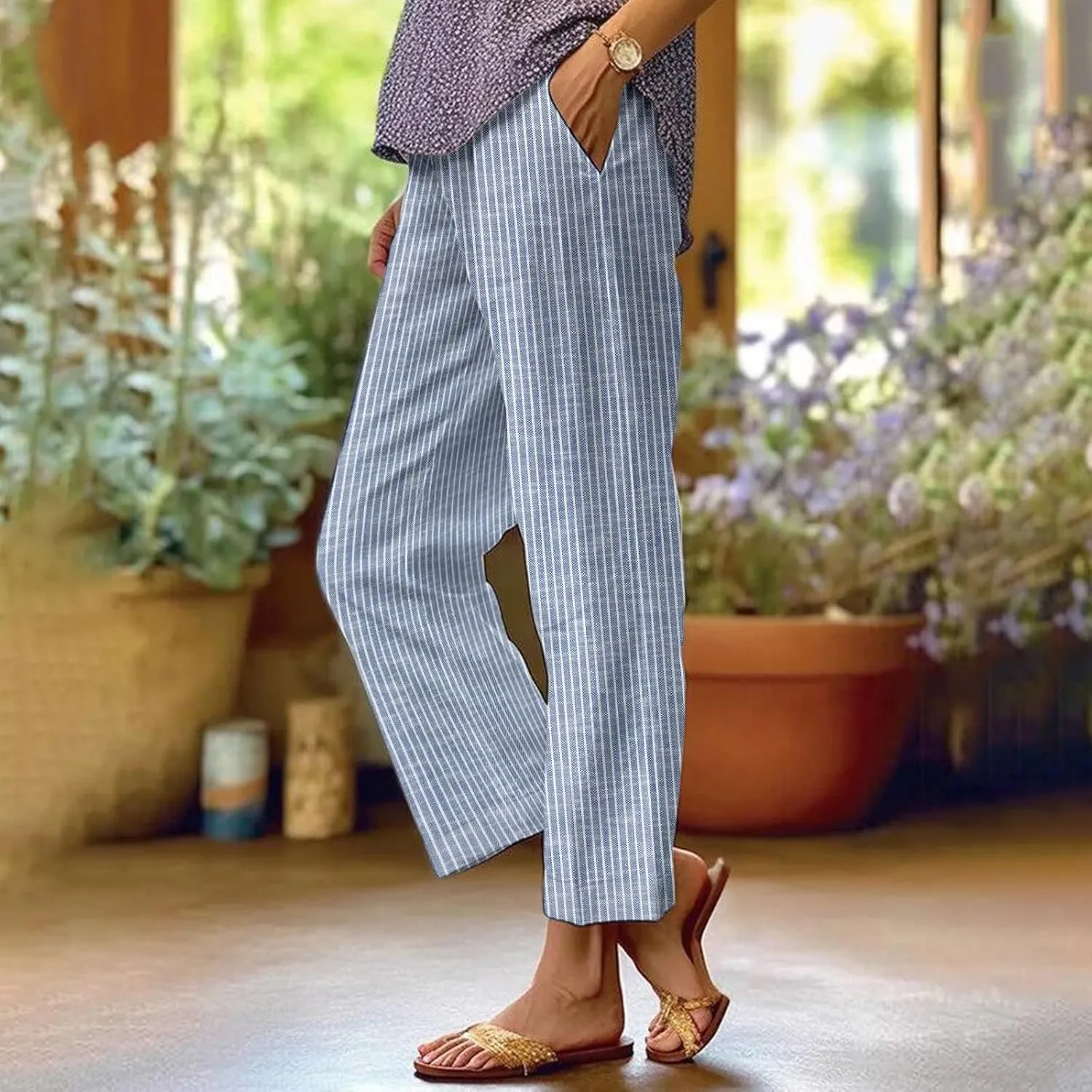 Linen Capri Pants for Women Drawstring Waisted Straight Wide Leg Lounge Pant Striped Spring Summer Beach Trousers