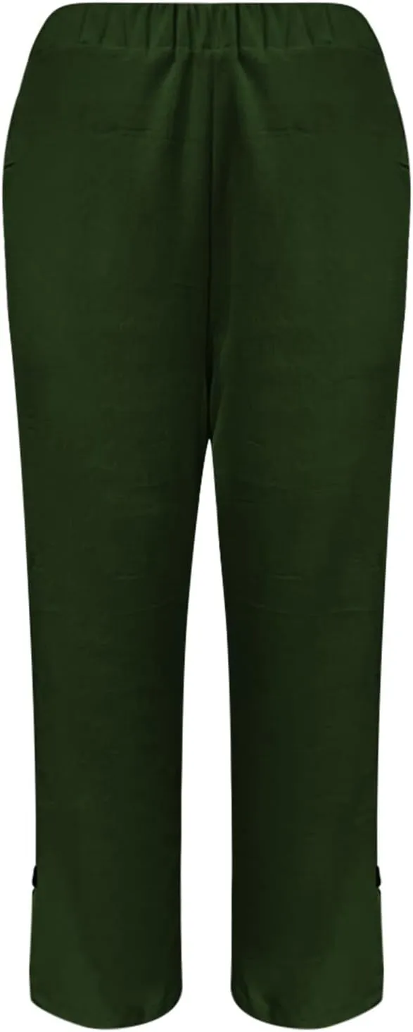 Linen Capri Pants for Women Drawstring Waisted Straight Wide Leg Lounge Pant Striped Spring Summer Beach Trousers