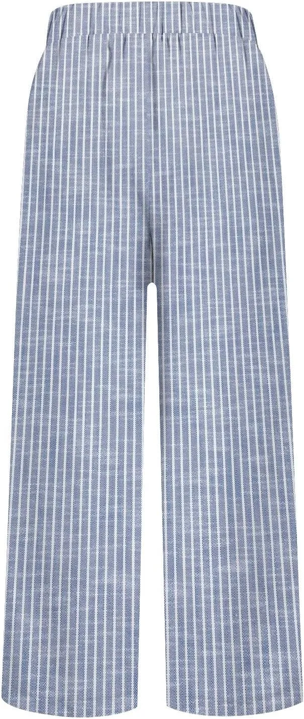 Linen Capri Pants for Women Drawstring Waisted Straight Wide Leg Lounge Pant Striped Spring Summer Beach Trousers