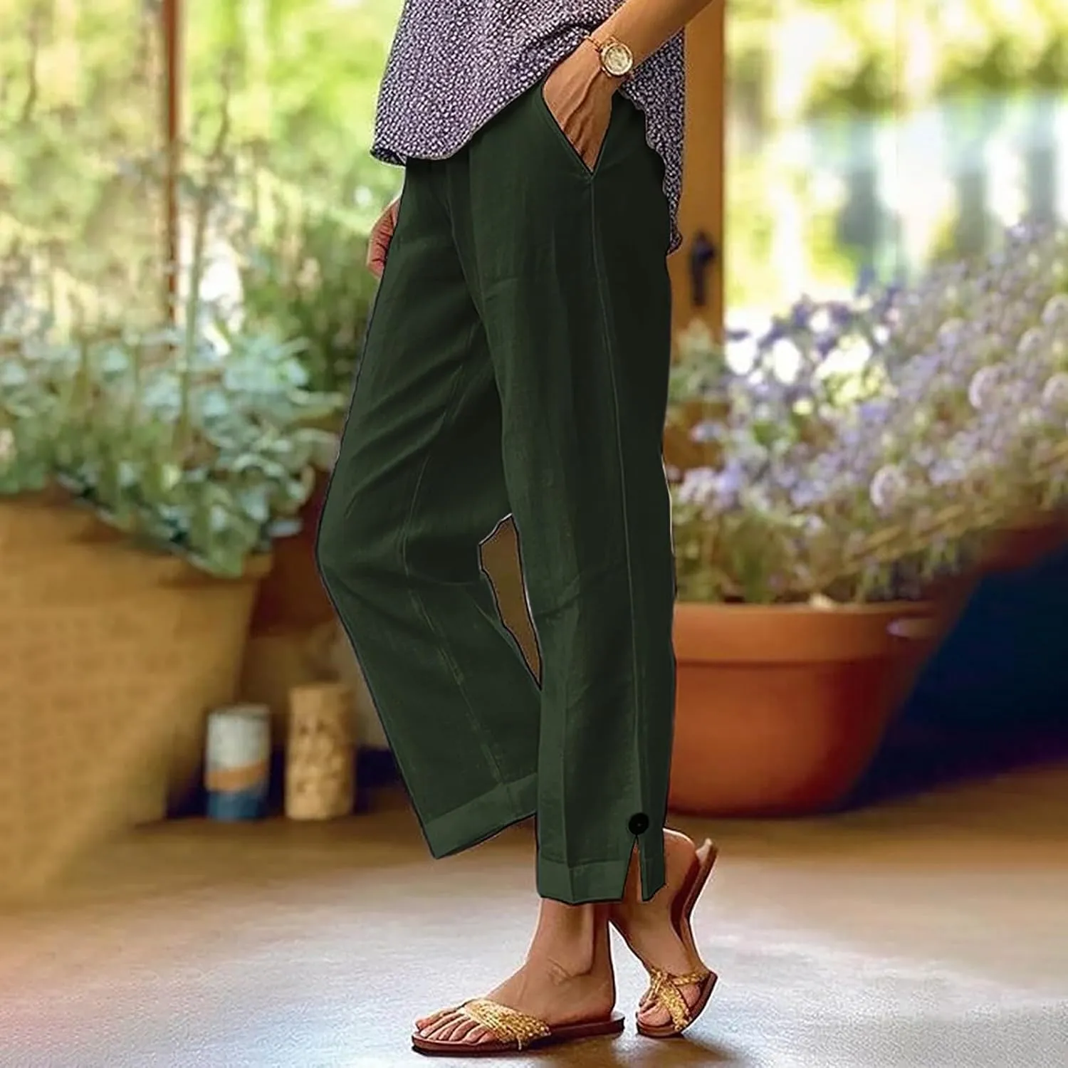 Linen Capri Pants for Women Drawstring Waisted Straight Wide Leg Lounge Pant Striped Spring Summer Beach Trousers