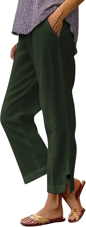 Linen Capri Pants for Women Drawstring Waisted Straight Wide Leg Lounge Pant Striped Spring Summer Beach Trousers