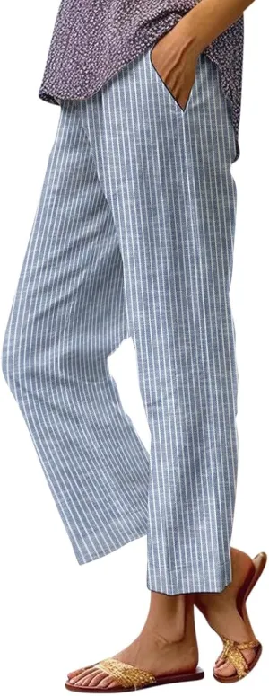Linen Capri Pants for Women Drawstring Waisted Straight Wide Leg Lounge Pant Striped Spring Summer Beach Trousers