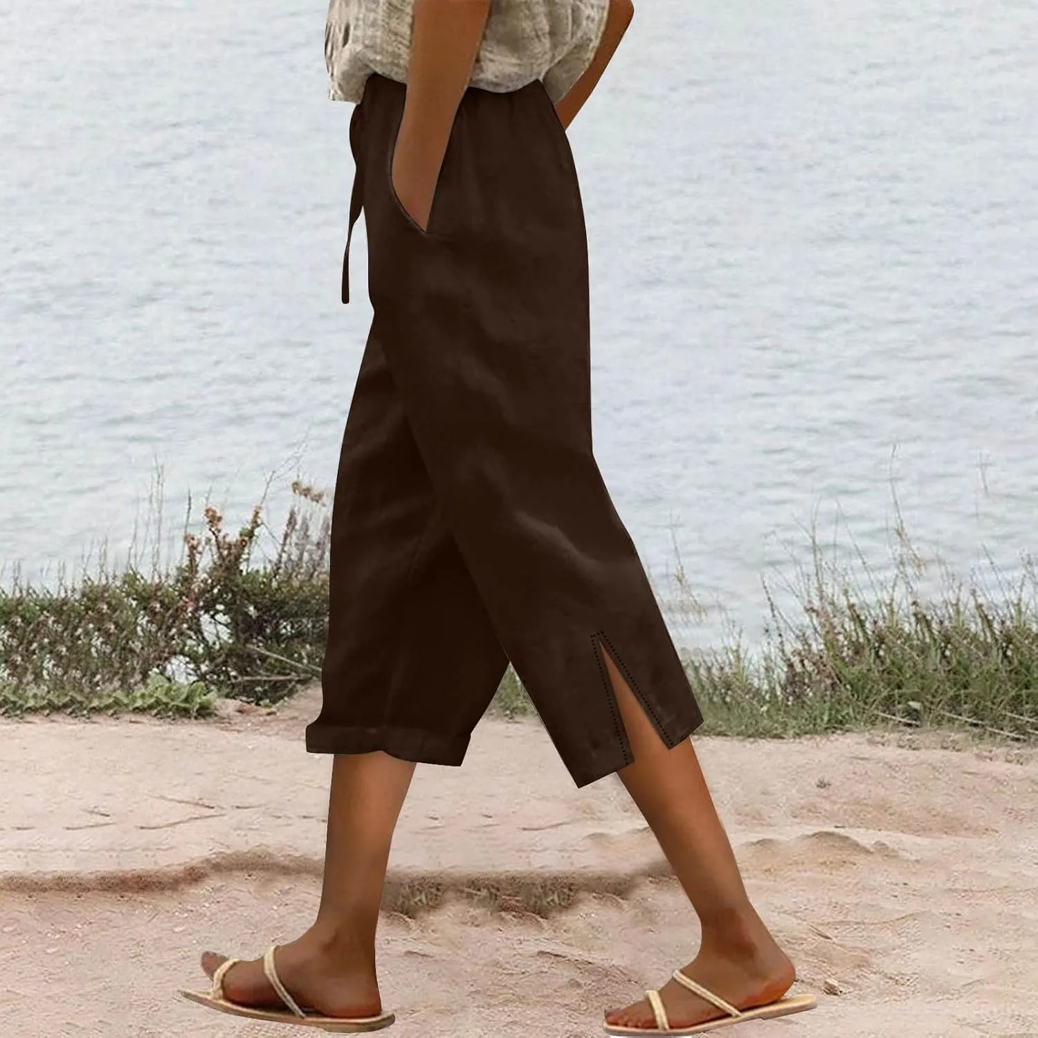 Linen Capris Pants for Women 2025 Summer High Waist Elastic Straight Leg Trousers Casual Beach Loose Fit Lounge Wear