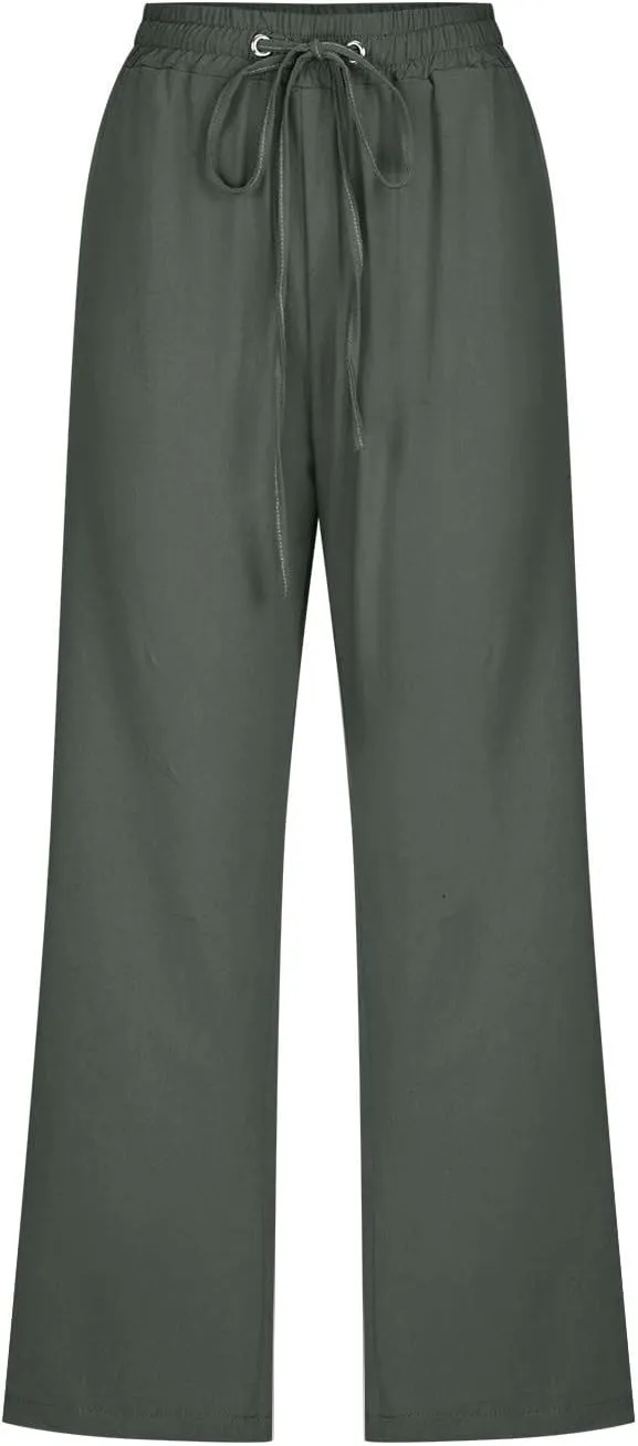 Linen Capris Pants for Women Casual Summer Cotton Linen Pants Drawstring Straight Leg Beach Cropped Pants 2025