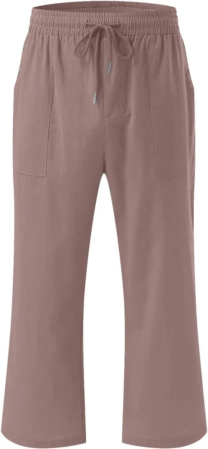 Linen Capris Pants for Women Casual Summer Cotton Linen Pants Drawstring Straight Leg Beach Cropped Pants 2025