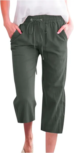 Linen Capris Pants for Women Casual Summer Cotton Linen Pants Drawstring Straight Leg Beach Cropped Pants 2025