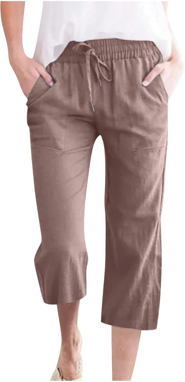 Linen Capris Pants for Women Casual Summer Cotton Linen Pants Drawstring Straight Leg Beach Cropped Pants 2025