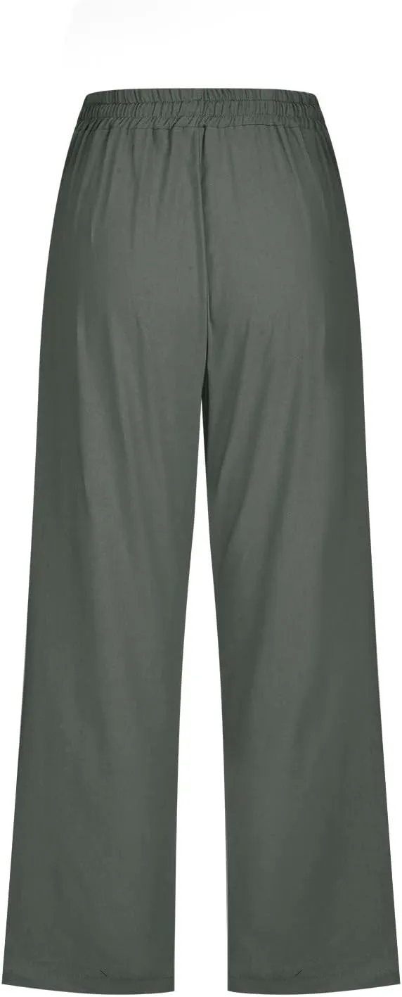 Linen Capris Pants for Women Casual Summer Cotton Linen Pants Drawstring Straight Leg Beach Cropped Pants 2025