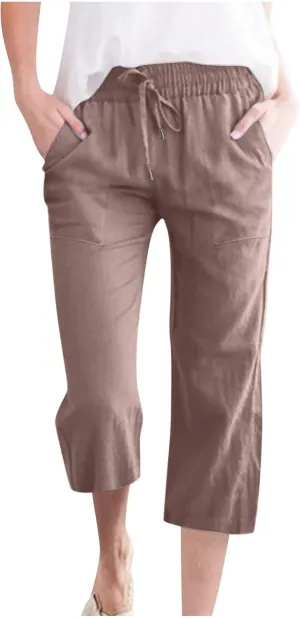 Linen Capris Pants for Women Casual Summer Cotton Linen Pants Drawstring Straight Leg Beach Cropped Pants 2025