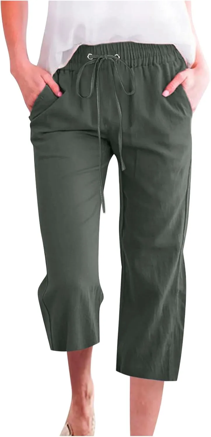 Linen Capris Pants for Women Casual Summer Cotton Linen Pants Drawstring Straight Leg Beach Cropped Pants 2025
