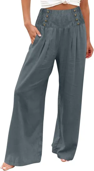 Linen Palazzo Pants for Women Elastic Waist Loose Lightweight Straight Lounge Linen Trousers Women