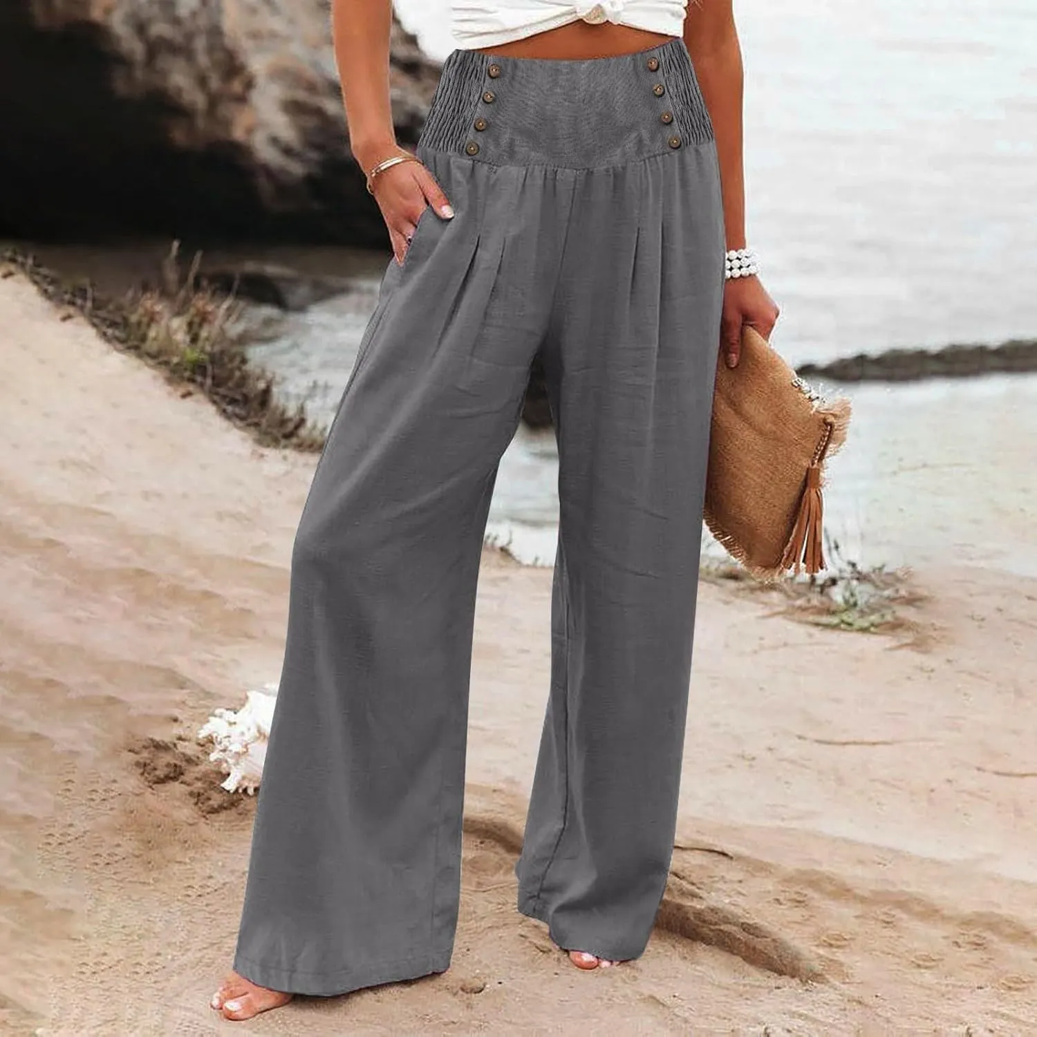 Linen Palazzo Pants for Women Elastic Waist Loose Lightweight Straight Lounge Linen Trousers Women