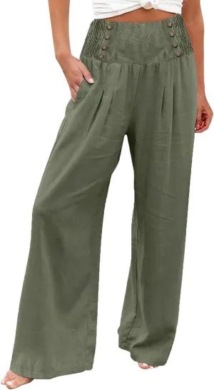 Linen Palazzo Pants for Women Elastic Waist Loose Lightweight Straight Lounge Linen Trousers Women