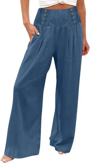 Linen Palazzo Pants for Women Elastic Waist Loose Lightweight Straight Lounge Linen Trousers Women