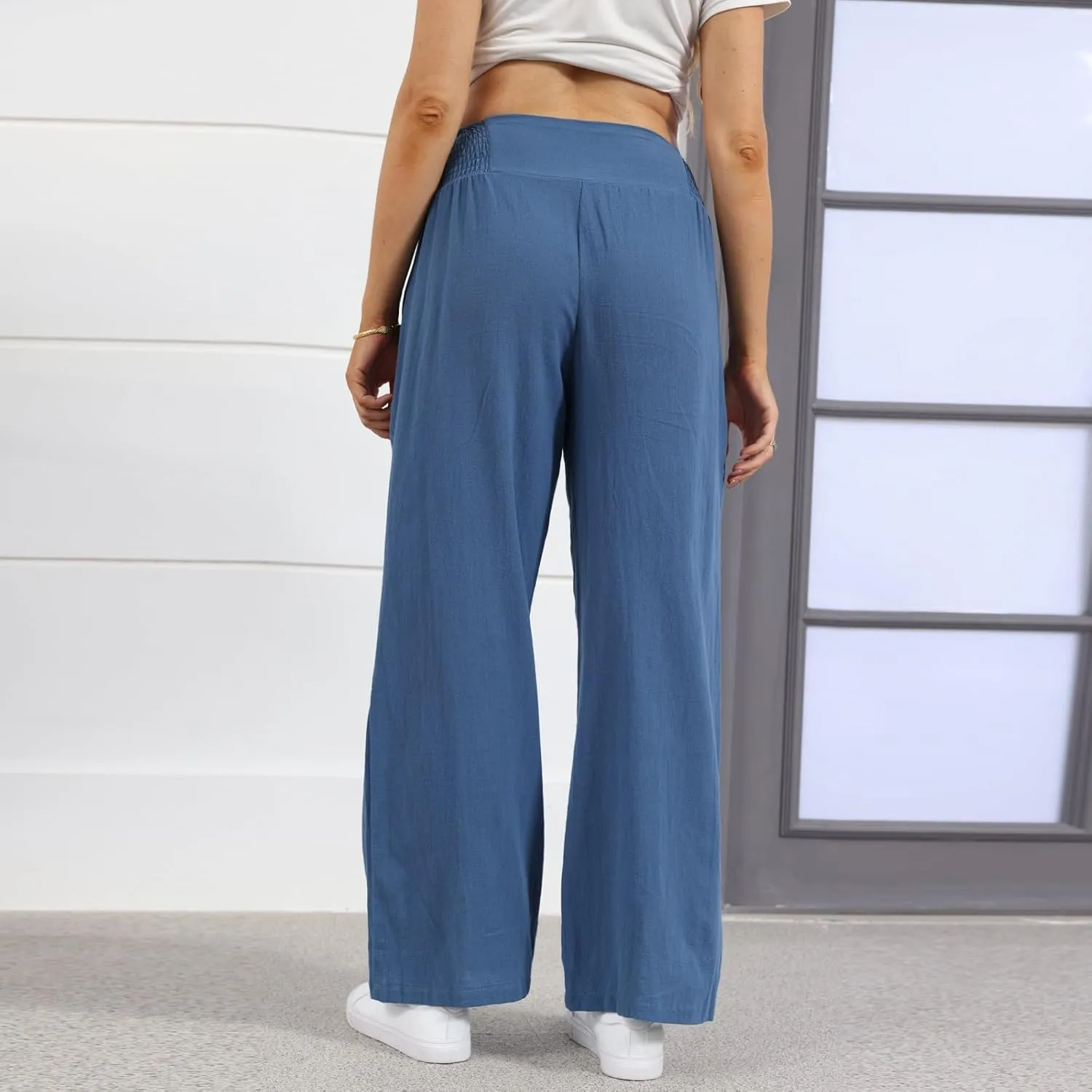 Linen Palazzo Pants for Women Elastic Waist Loose Lightweight Straight Lounge Linen Trousers Women