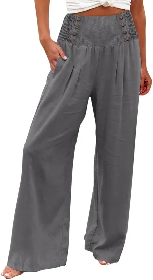 Linen Palazzo Pants for Women Elastic Waist Loose Lightweight Straight Lounge Linen Trousers Women