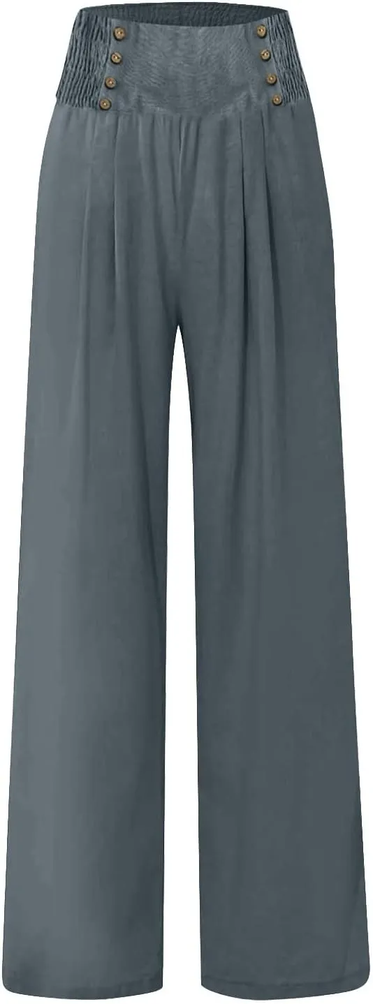 Linen Palazzo Pants for Women Elastic Waist Loose Lightweight Straight Lounge Linen Trousers Women