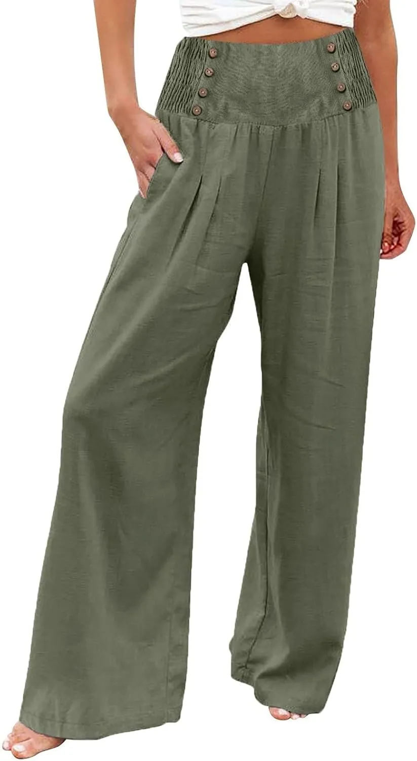 Linen Palazzo Pants for Women Elastic Waist Loose Lightweight Straight Lounge Linen Trousers Women