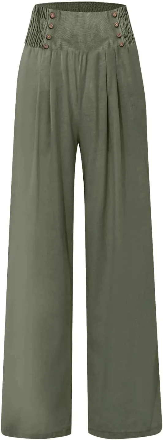 Linen Palazzo Pants for Women Elastic Waist Loose Lightweight Straight Lounge Linen Trousers Women