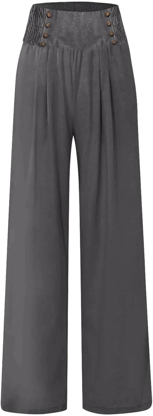 Linen Palazzo Pants for Women Elastic Waist Loose Lightweight Straight Lounge Linen Trousers Women