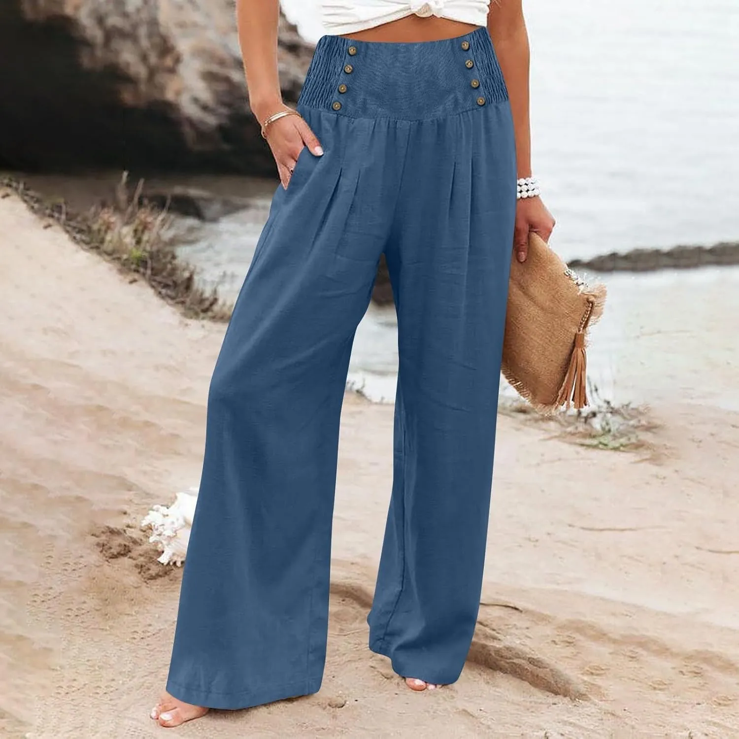 Linen Palazzo Pants for Women Elastic Waist Loose Lightweight Straight Lounge Linen Trousers Women