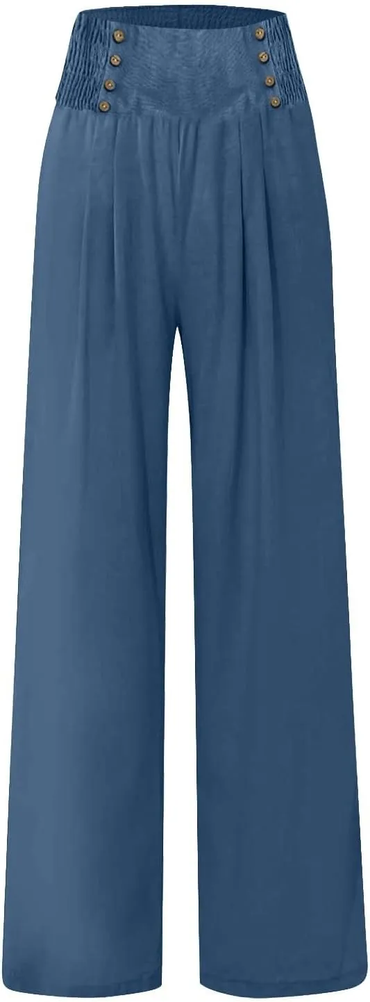 Linen Palazzo Pants for Women Elastic Waist Loose Lightweight Straight Lounge Linen Trousers Women