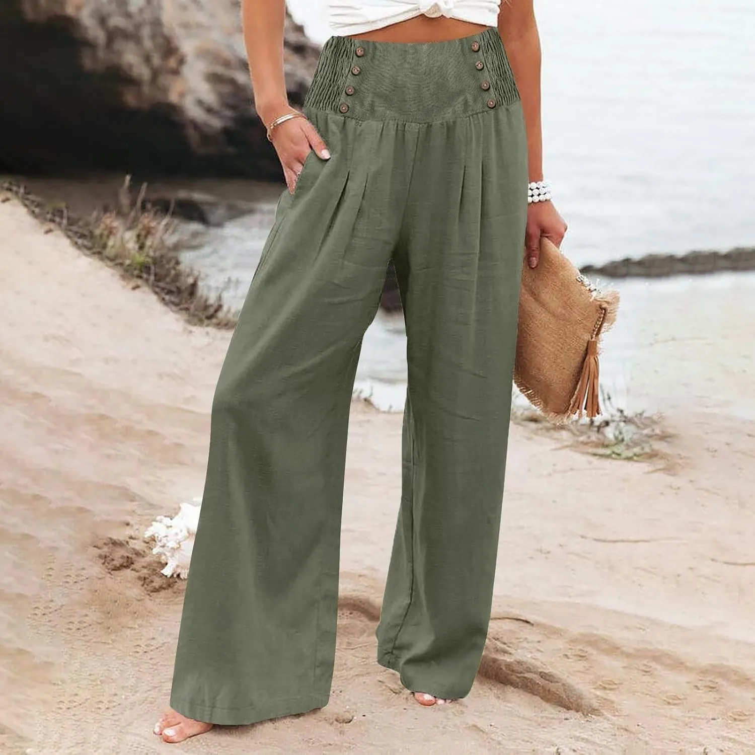 Linen Palazzo Pants for Women Elastic Waist Loose Lightweight Straight Lounge Linen Trousers Women