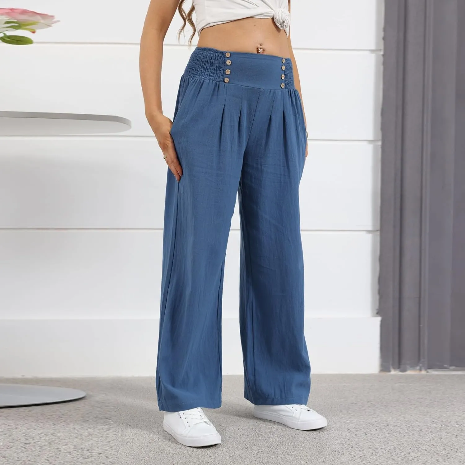 Linen Palazzo Pants for Women Elastic Waist Loose Lightweight Straight Lounge Linen Trousers Women
