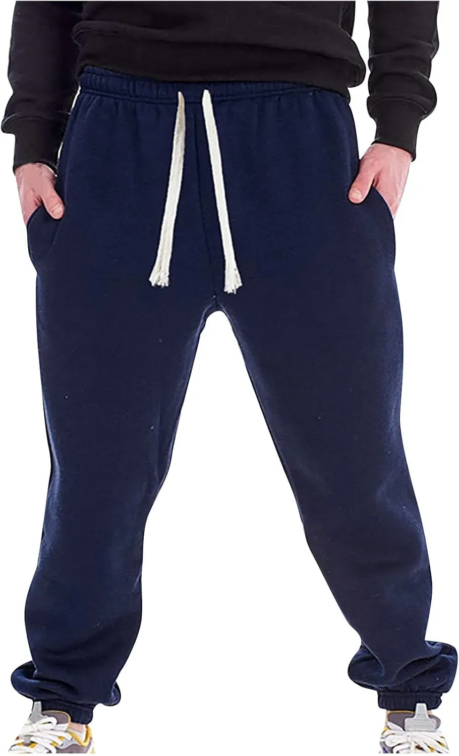 Linen Pants for Men Causal Loose Drawstring Elastic Waist Plush Thickened Solid Sweatpants Athletic-Fit Trousers