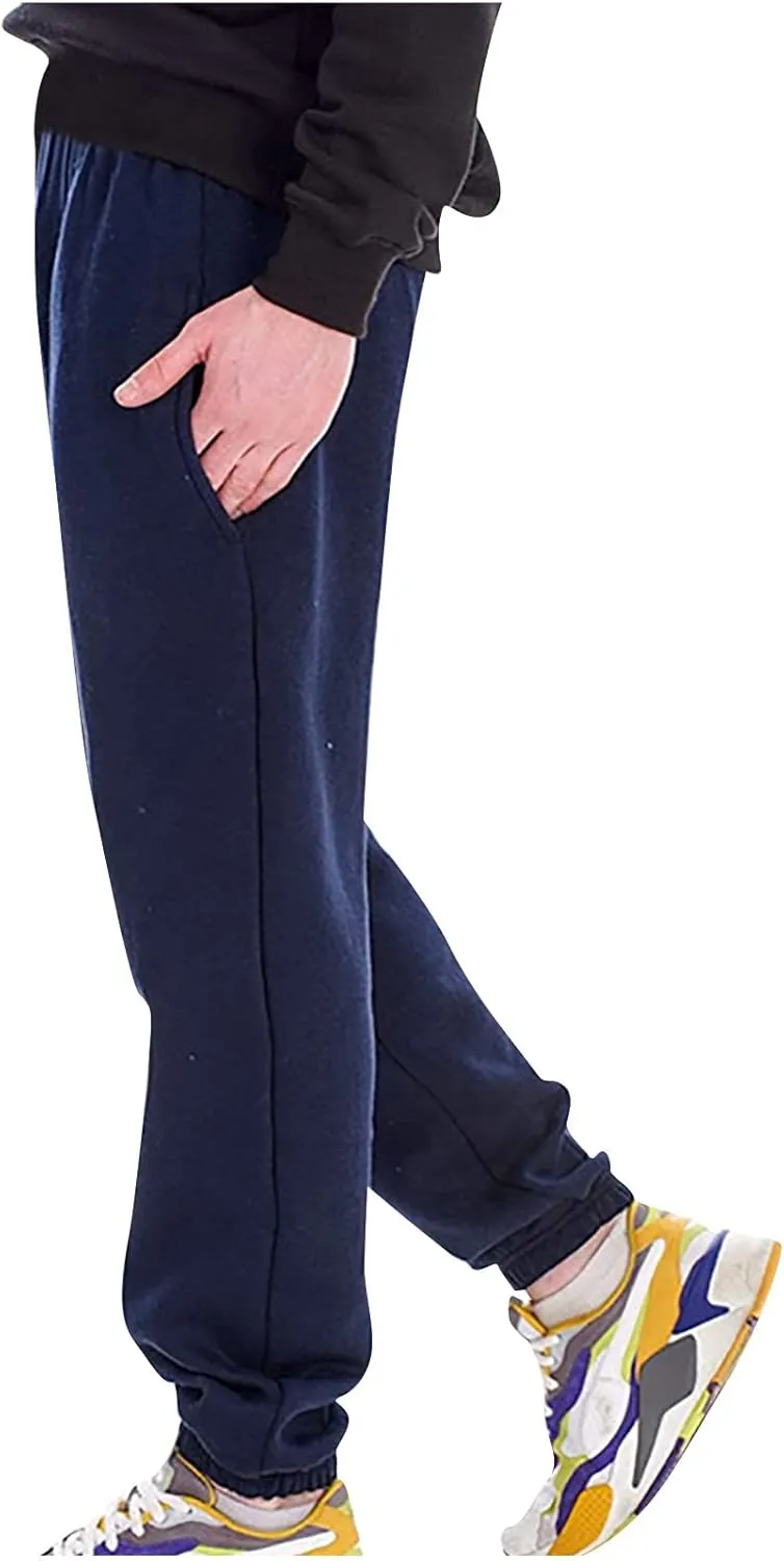 Linen Pants for Men Causal Loose Drawstring Elastic Waist Plush Thickened Solid Sweatpants Athletic-Fit Trousers