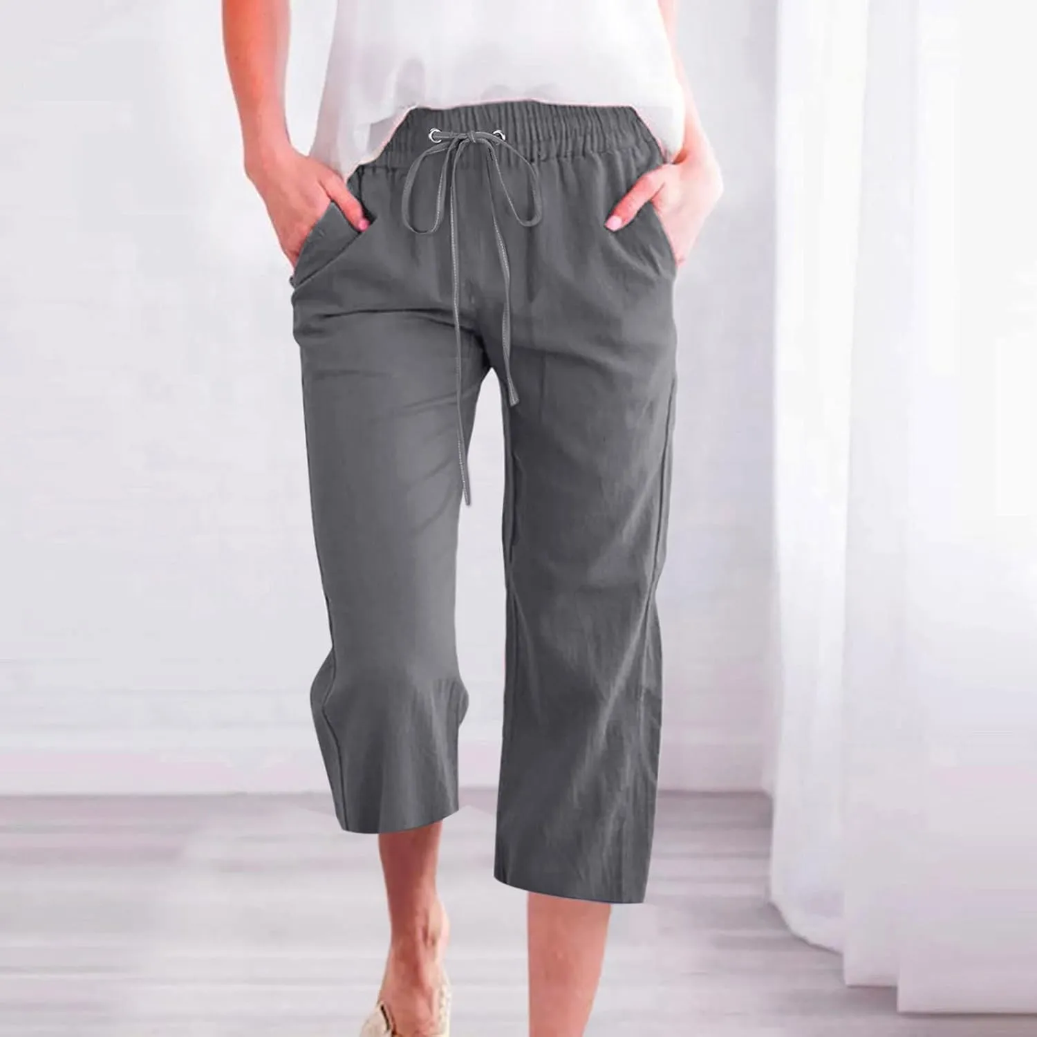 Linen Pants for Women 2025 Summer Capri Pant Trendy Drawstring Elastic Waist Cropped Trouser Comy Cotton Pants