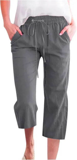 Linen Pants for Women 2025 Summer Capri Pant Trendy Drawstring Elastic Waist Cropped Trouser Comy Cotton Pants